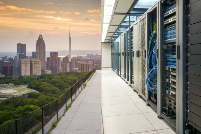 Modern data center racks beside city skyline at sunset