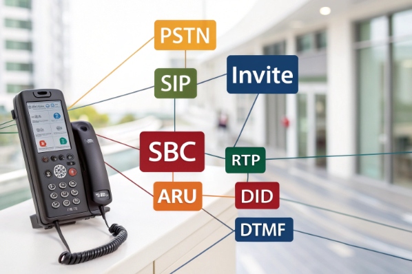 Desktop SIP phone with protocol labels PSTN SIP SBC RTP DID DTMF Invite ARU