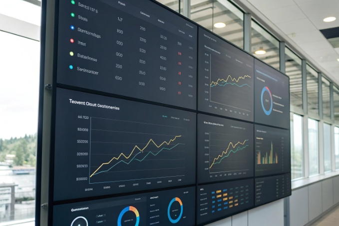 Large wall mounted dashboard screens with network performance charts and real time VoIP metrics