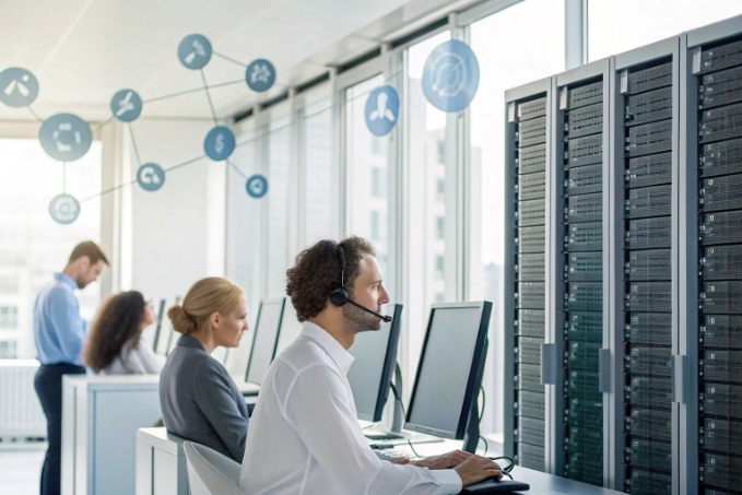Call center agents with headsets monitoring data center servers and IP communication systems