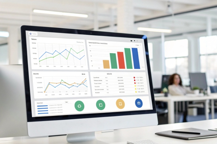 Call center performance dashboard with sales charts, KPIs and customer activity metrics on desktop screen