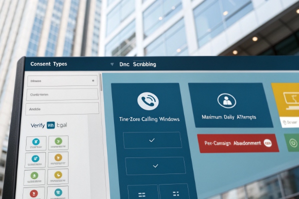 Compliance dashboard showing consent types, DNC scrubbing and time zone calling rules
