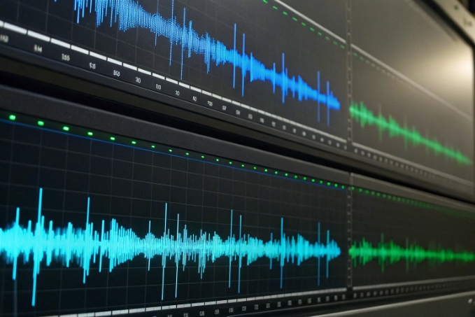 Audio waveform display monitoring VoIP call quality and agent voice recordings