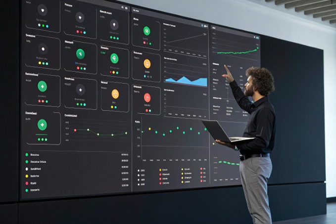 Engineer analyzing large wall of real time contact center and network performance dashboards