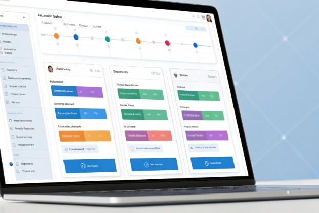 Customer engagement workflow dashboard with colored stages on laptop screen