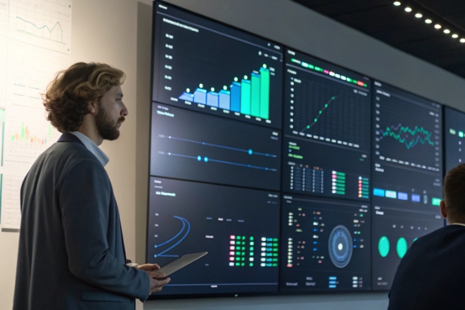 Analyst reviewing real time contact center and network metrics on large dashboard wall