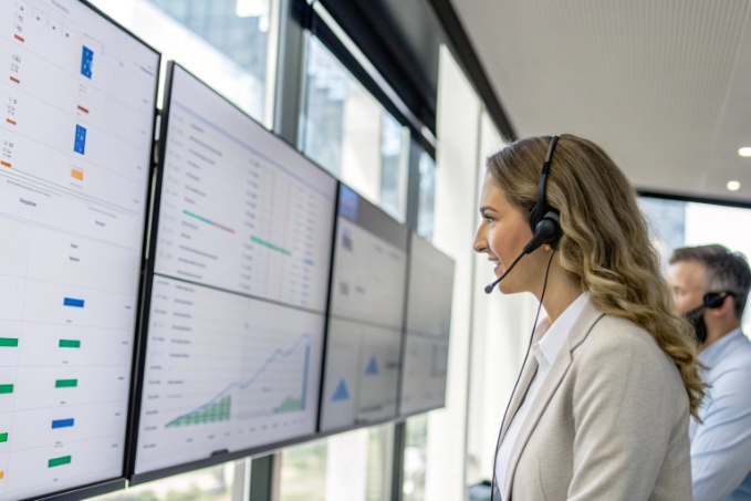Call center supervisor with headset monitoring live KPIs on multiple wall screens