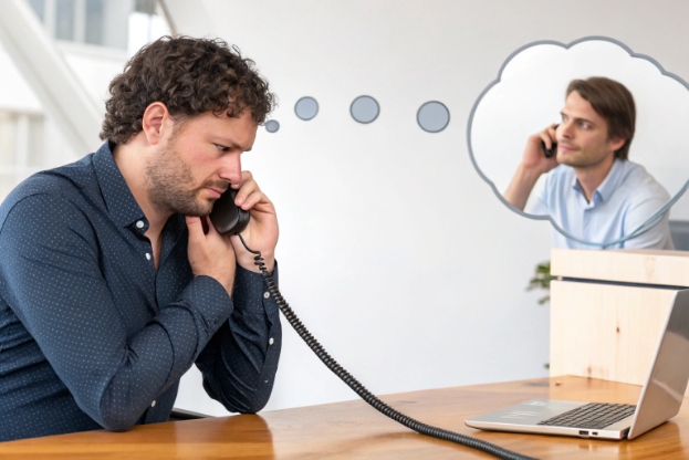 Businessman on VoIP desk phone talking to remote colleague