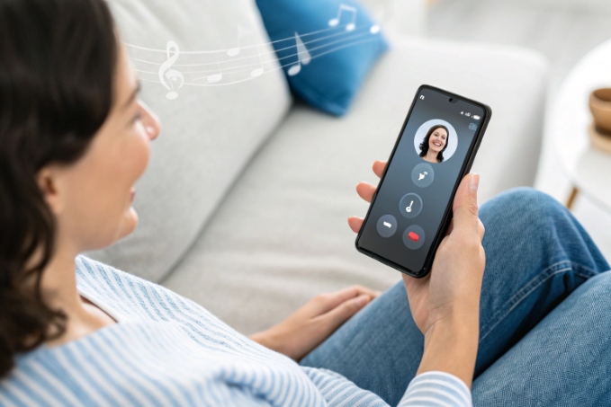 Woman making HD VoIP call on smartphone with music ringtone icons