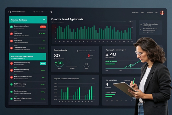 Analyst reviewing communication analytics dashboard on large screen using tablet