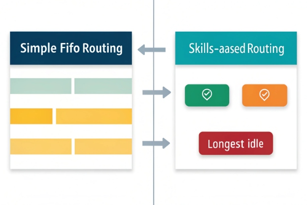 Diagram comparing simple FIFO call routing with advanced skills based routing rules