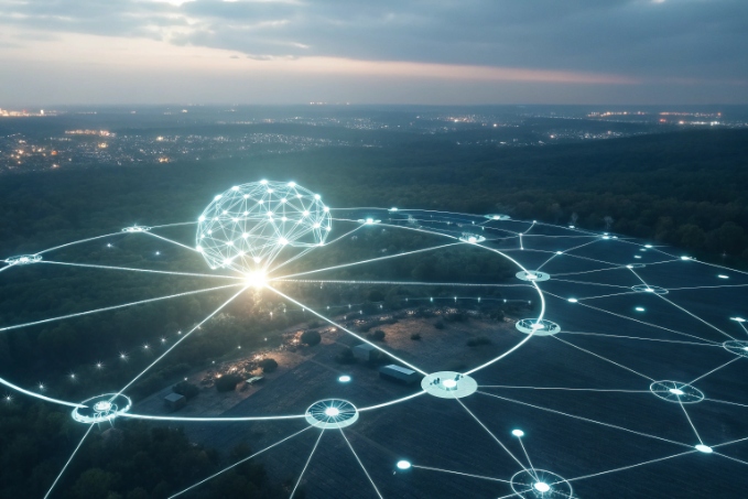 Futuristic global communication network nodes connected over landscape at dusk