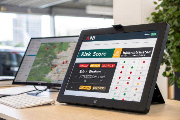 Tablet showing ANI risk score dashboard for call authentication and routing