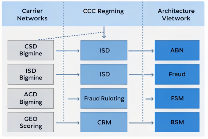 Carrier network architecture diagram for fraud routing CRM and analytics