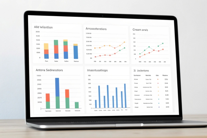 Laptop displaying business analytics dashboard with multiple charts and KPIs