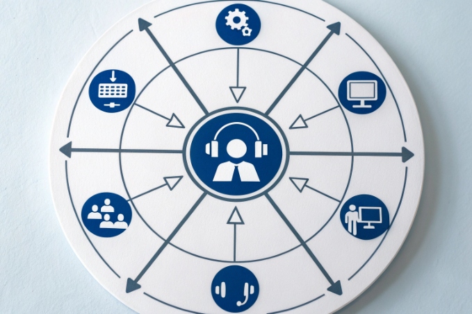 Circular omnichannel support diagram with headset agent and multiple communication tools