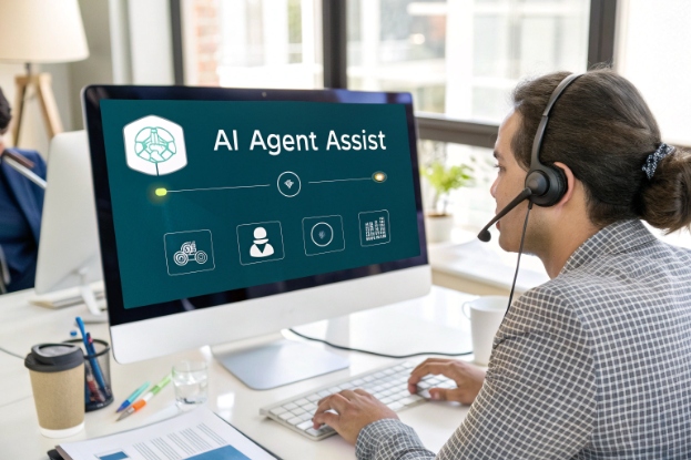Call center agent using AI agent assist software on large desktop monitor
