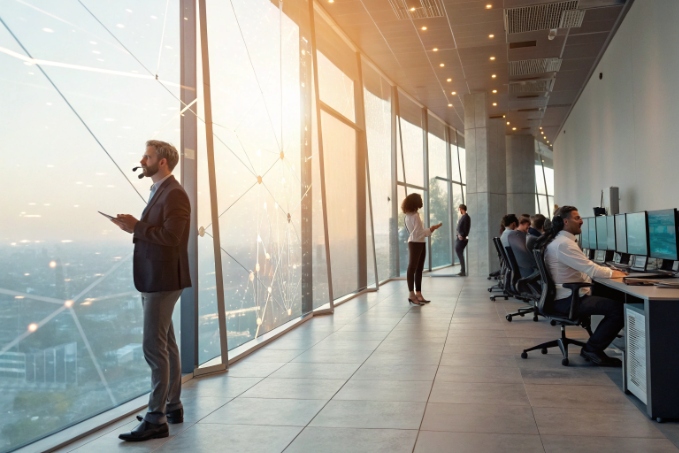 Modern call center with agents on headsets monitoring customer communications in high rise office