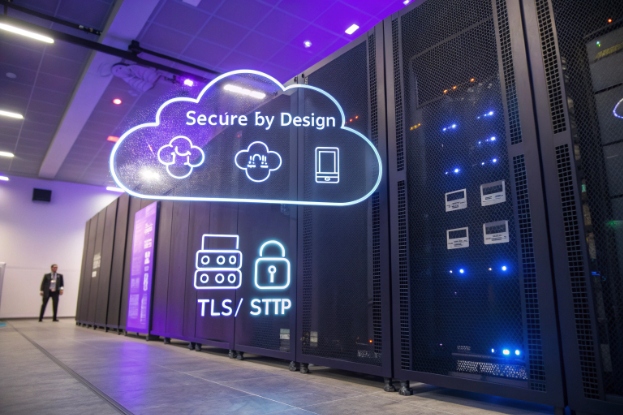 Secure cloud infrastructure icons above illuminated server racks with TLS protection