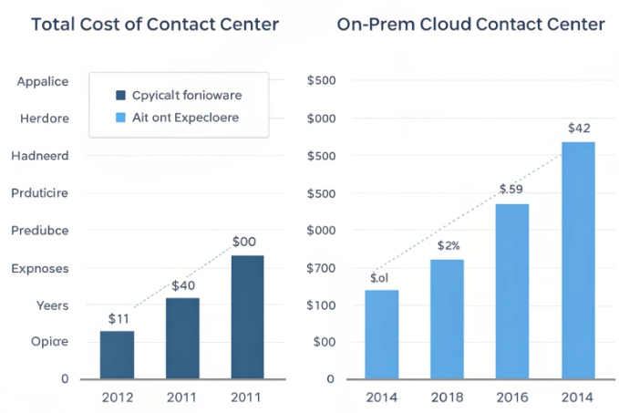 Bar charts comparing traditional versus cloud contact center total costs