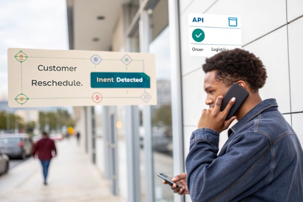Customer on mobile phone with AI intent detection and API workflow overlays