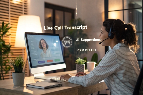 Remote agent using AI assisted video call with live transcript and CRM data