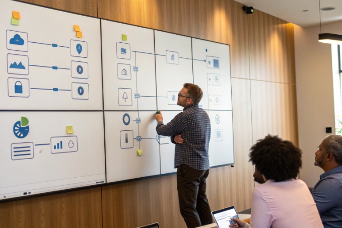 Team designing cloud communication workflow on multi screen whiteboard wall