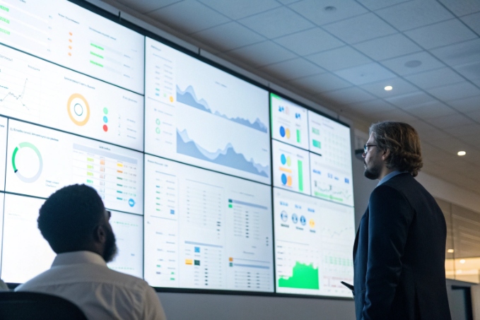 Leaders monitoring real time contact center analytics dashboards on wall screens