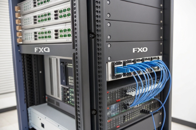 Telecom rack with FXO VoIP gateways and connected Ethernet cables