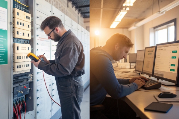 Engineer testing industrial control cabinet and colleague monitoring SIP system dashboard
