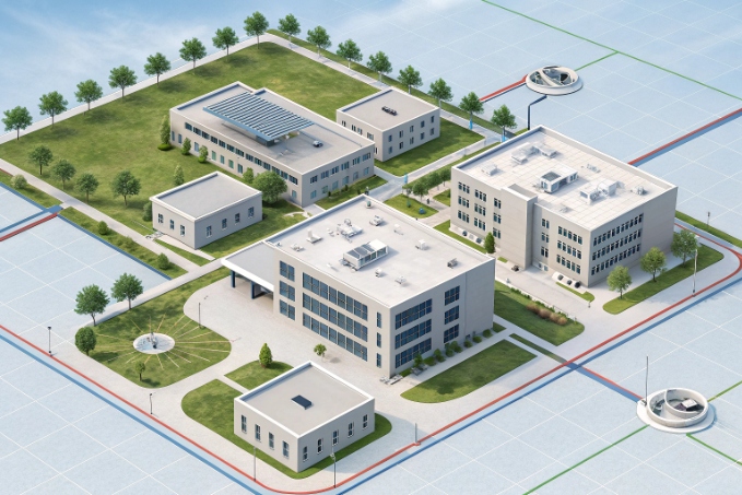 3D smart campus layout showing connected IP intercom and paging network