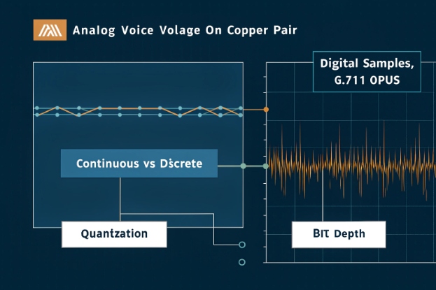 Diagram showing analog voice over copper converted to digital VoIP samples