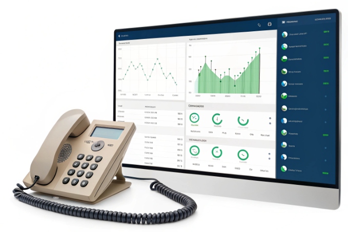IP desk phone with VoIP call analytics dashboard on monitor