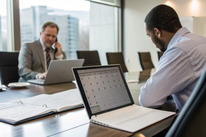 Business professionals managing schedules and calls in modern conference room
