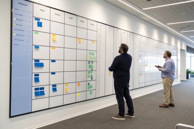 Team reviewing project roadmap on large agile planning board