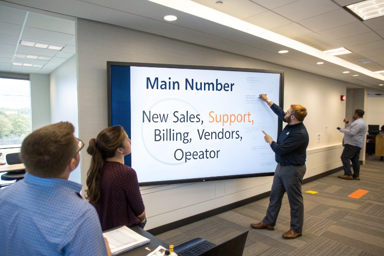 Team reviewing main number call routing on large conference room display