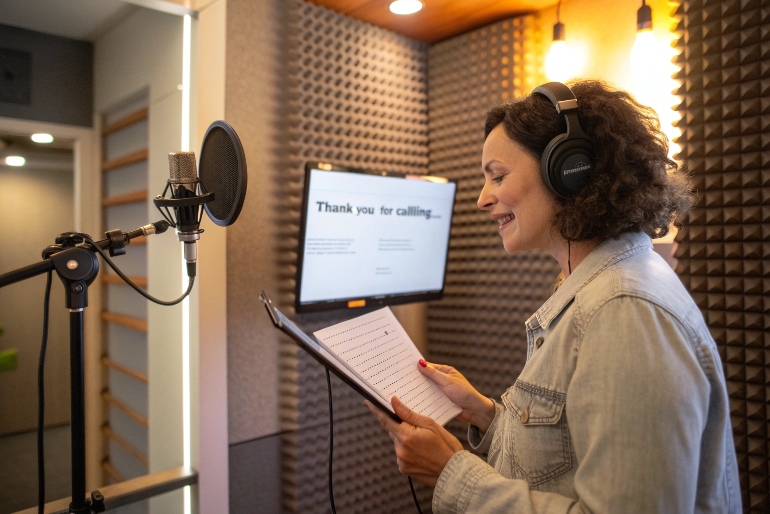 Woman recording professional IVR greeting in acoustic studio for business phone system