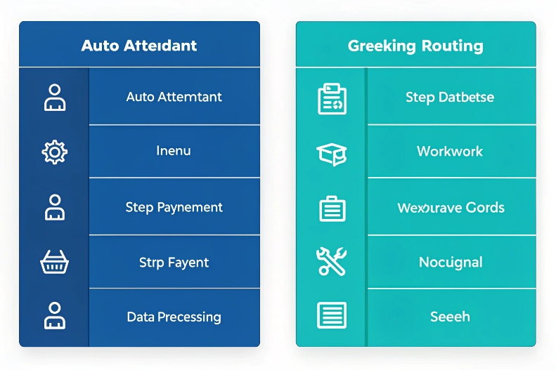 Auto attendant and greeting routing options illustrated with icons for business phone system