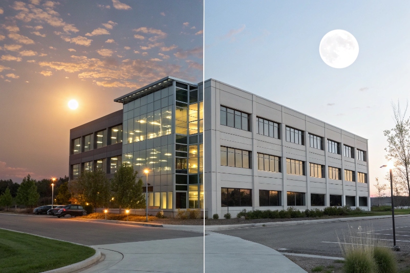 Office building exterior at night and day representing 24/7 communication services