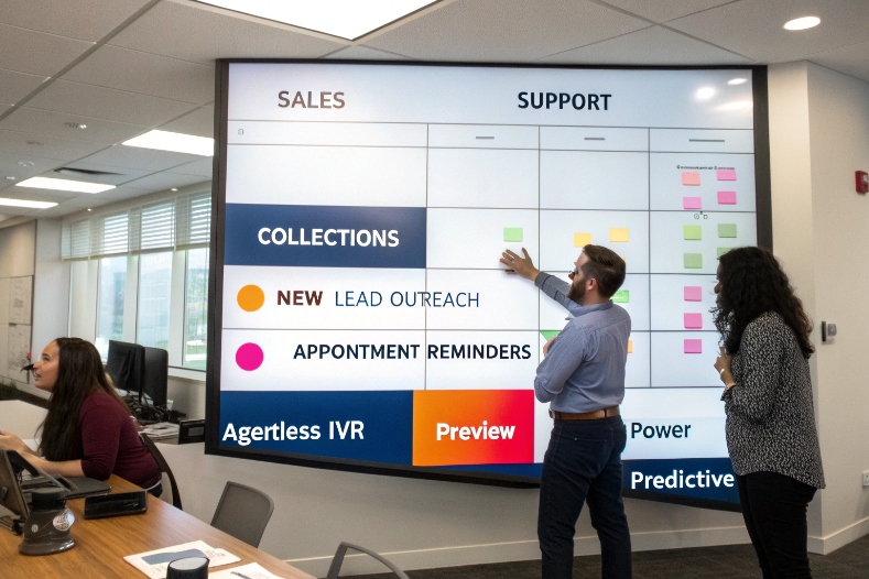 Team planning outbound call campaigns on large sales support board
