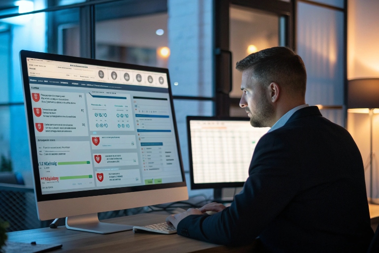 Business professional managing secure SIP communication platform on desktop at night