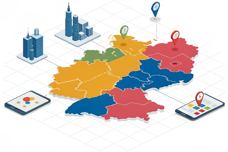Colorful regional map with location pins and connected mobile analytics dashboards
