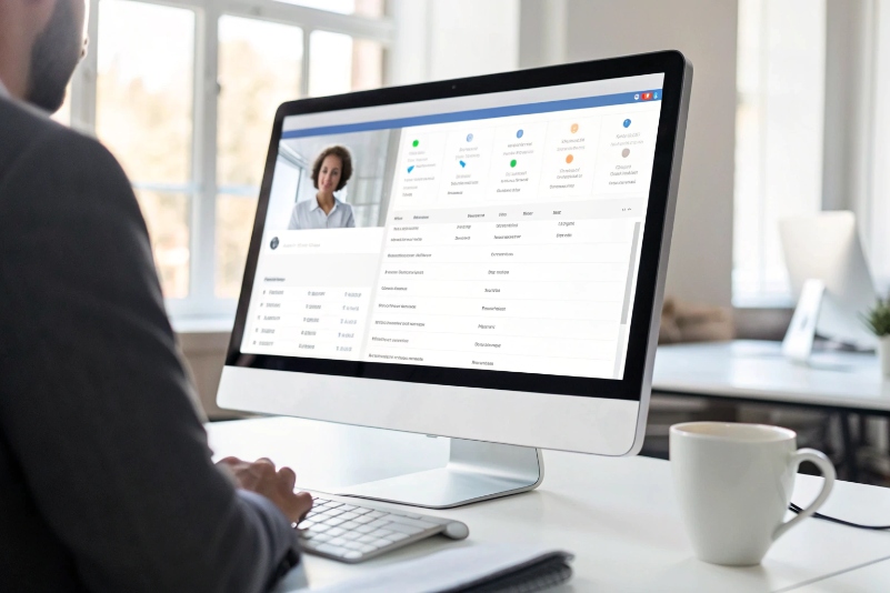 Employee using desktop video conferencing and contact management software in bright office
