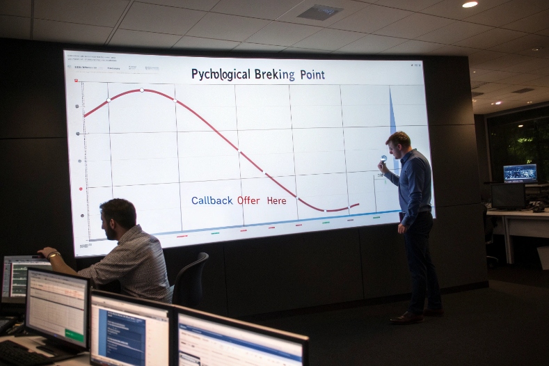 Analytics team reviewing customer callback strategy on large performance graph screen
