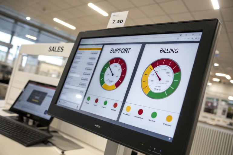 Support and billing performance dashboards on contact center monitoring screen