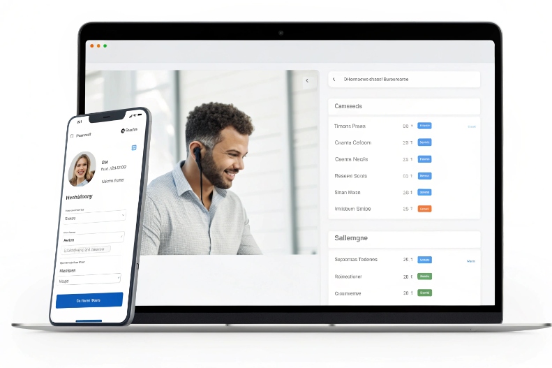 Unified communications app syncing customer profiles across laptop and mobile phone