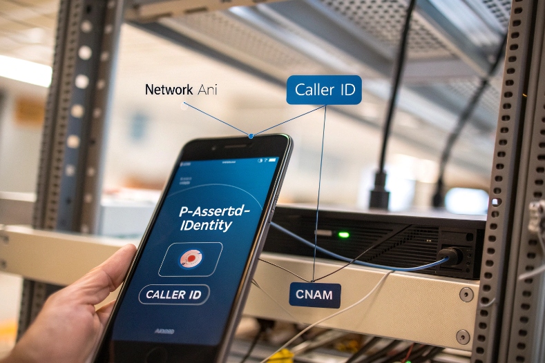Technician using mobile caller ID authentication app beside SIP network server rack