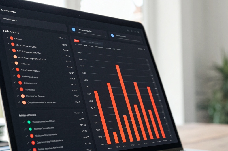 Laptop screen showing dark theme analytics dashboard with orange bar chart metrics