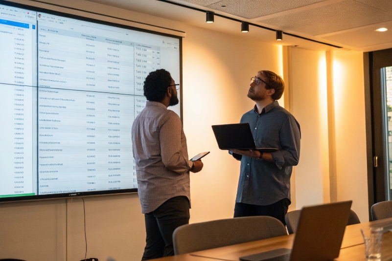 Colleagues reviewing CRM call records on large wall display in meeting room