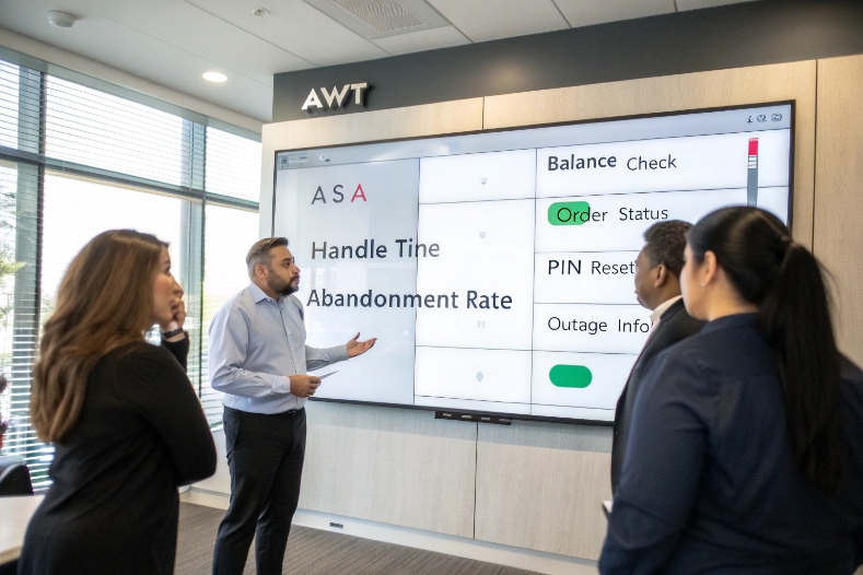 Team reviewing call center KPIs and self service menu options on large presentation screen